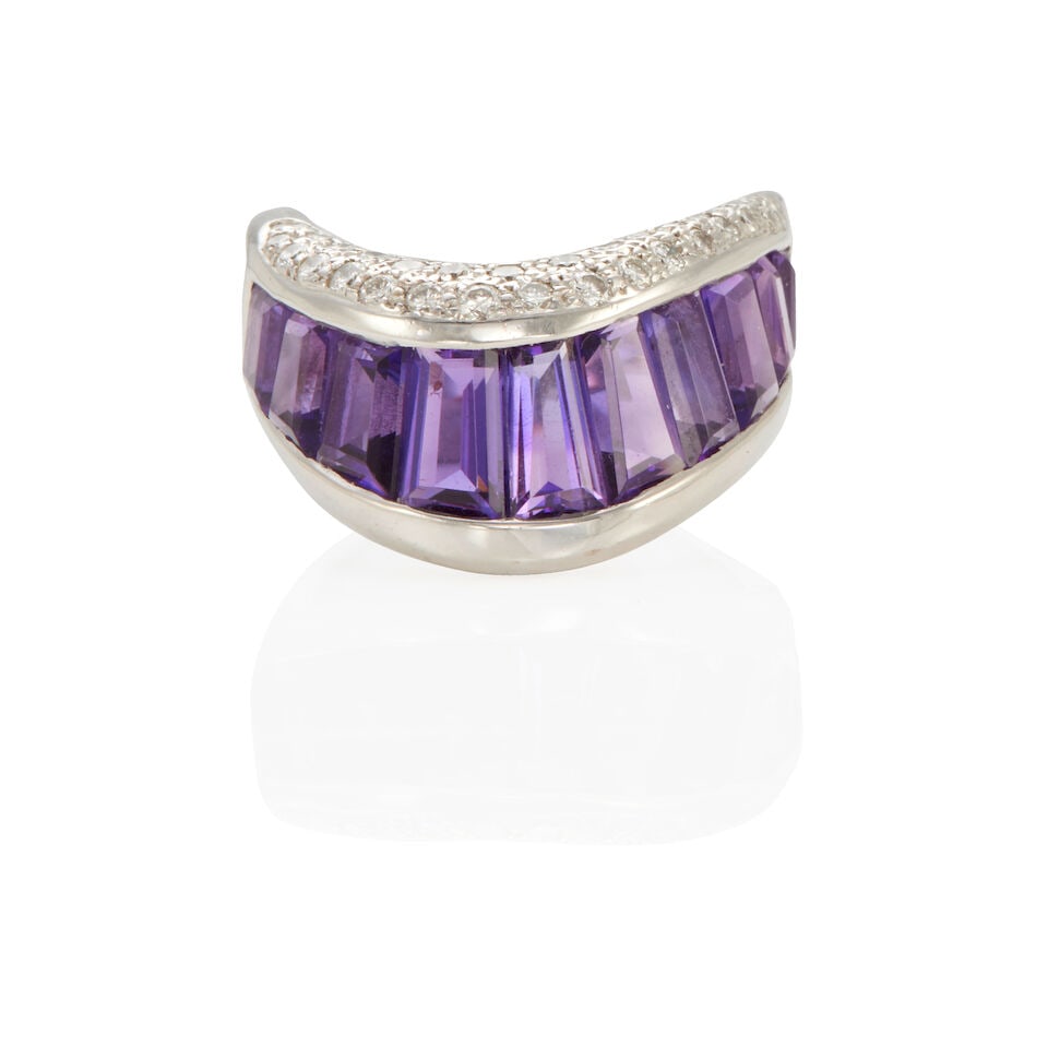 VASARI: 18K GOLD, DIAMOND AND AMETHYST RING: VASARI: 18K GOLD, DIAMOND AND AMETHYST RING • 18k white gold • Numerous round diamonds weighing approximately 0.30 - 0.40 carat total • 10 rectangular amethysts weighing