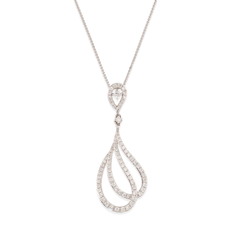 18K GOLD AND DIAMOND PENDANT AND CHAIN NECKLACE: 18K GOLD AND DIAMOND PENDANT AND CHAIN NECKLACE • 18k white gold • Numerous round diamonds stated to weigh 0.66 carat • Length 18 in. • Estimated gross weight: 5.0