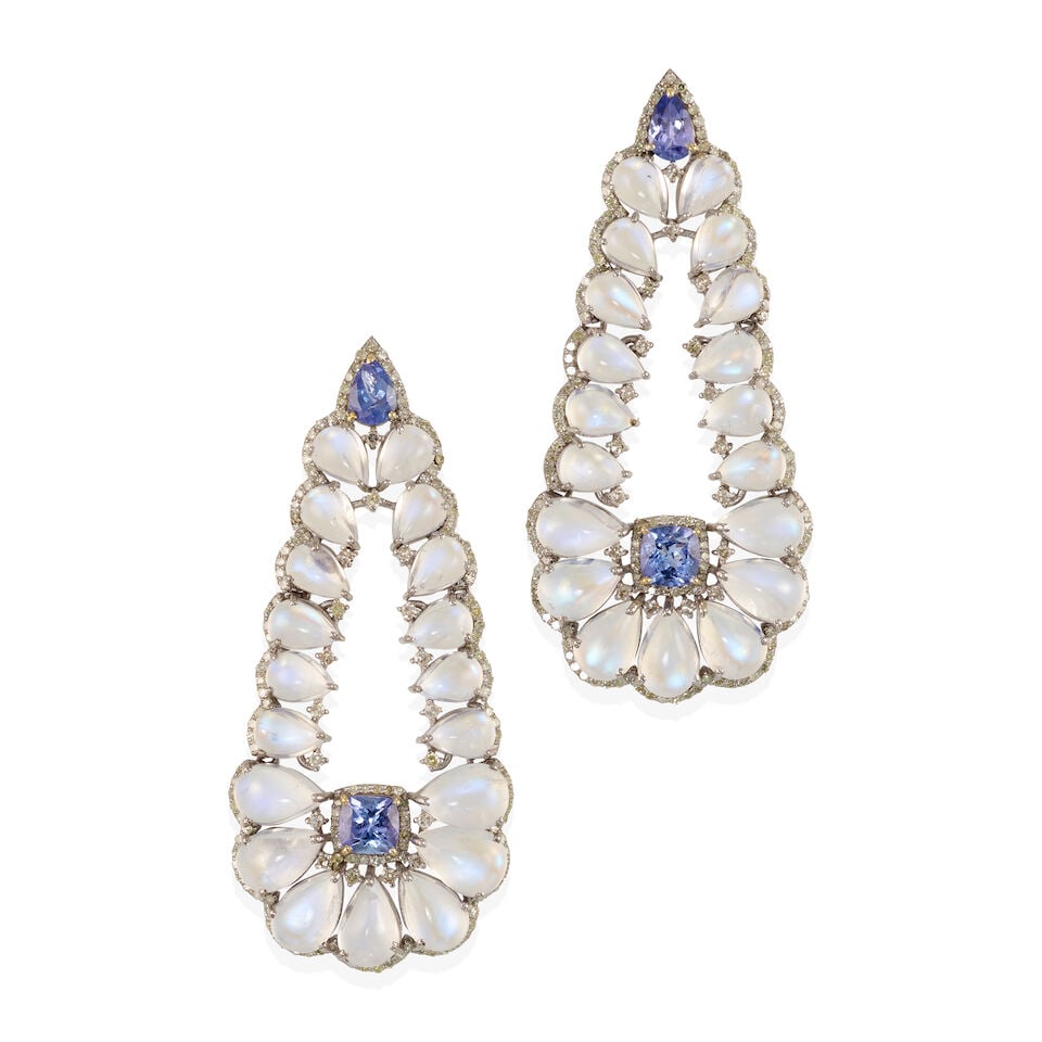 STERLING SILVER, 14K GOLD, MOONSTONE, TANZANITE, AND DIAMOND EARRINGS (1 of 2)