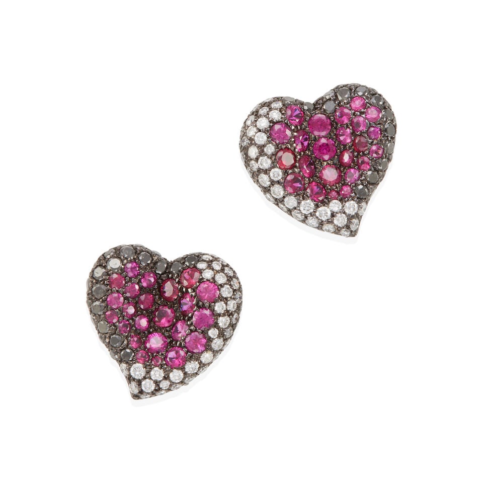 18K GOLD, RUBY, FANCY DIAMOND, AND DIAMOND HEART SHAPE EAR CLIPS (1 of 2)