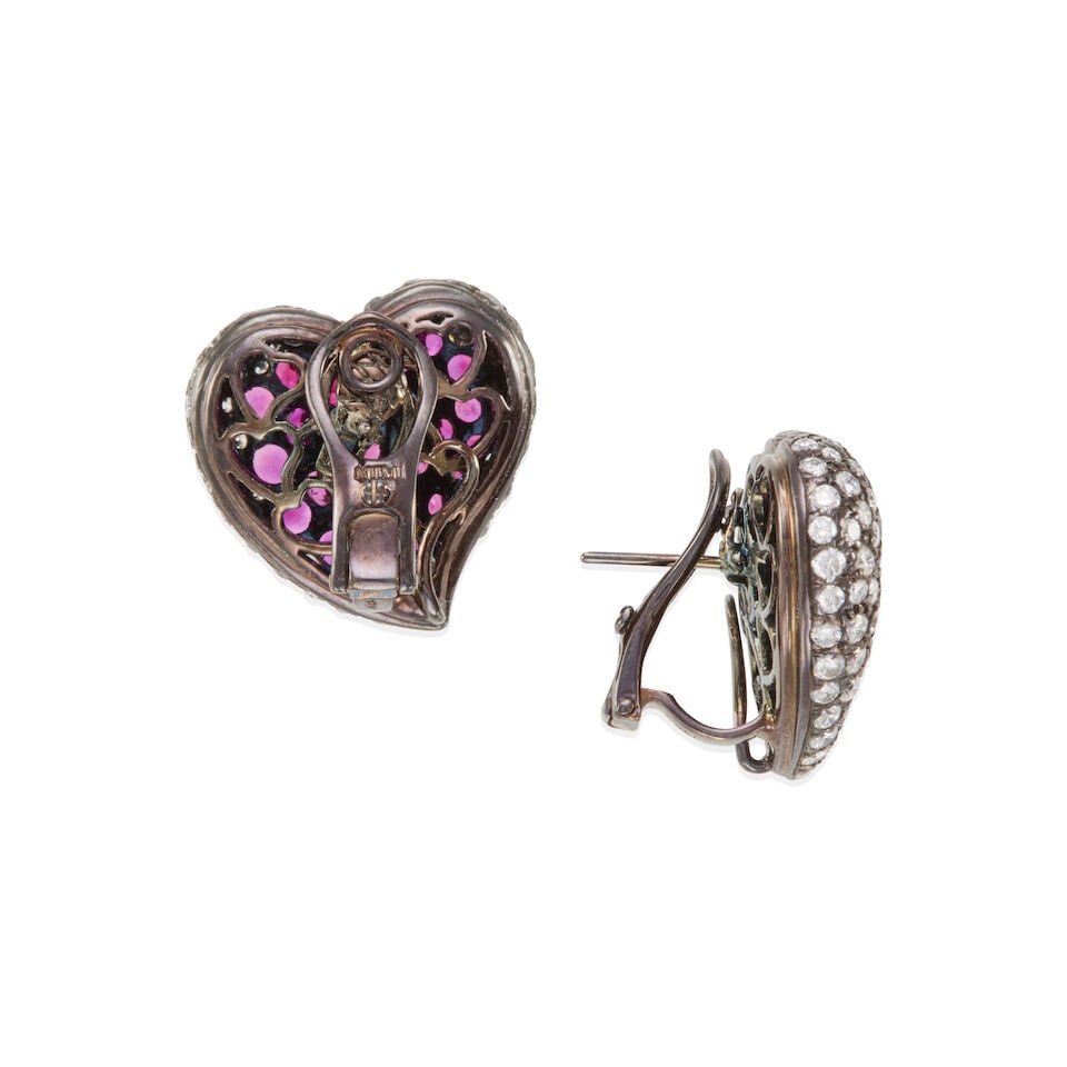 18K GOLD, RUBY, FANCY DIAMOND, AND DIAMOND HEART SHAPE EAR CLIPS - 2
