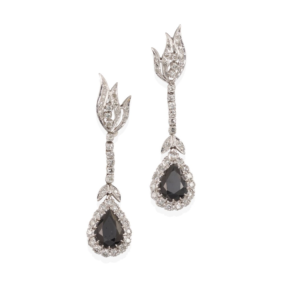 LOW KARAT WHITE GOLD, DIAMOND, AND SAPPHIRE EAR PENDANTS (1 of 2)