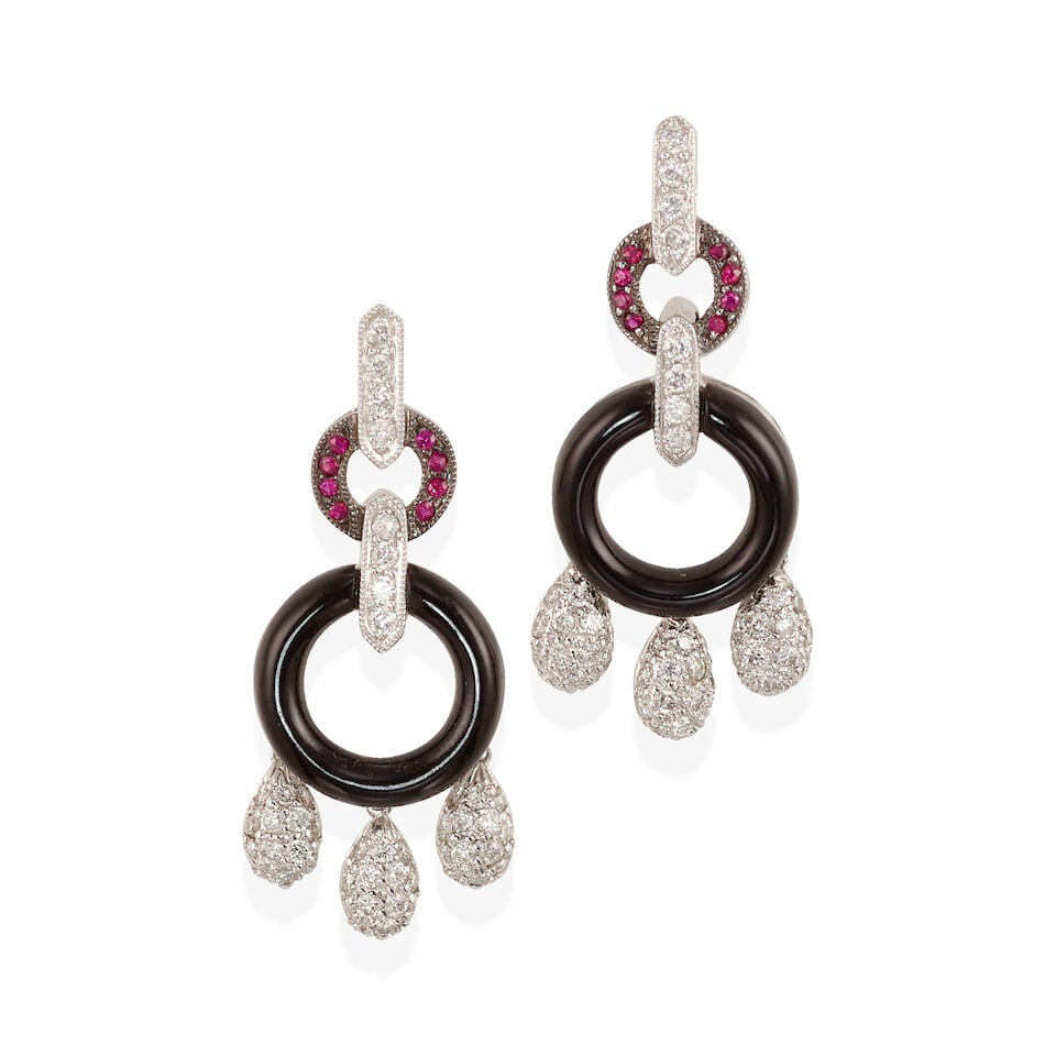 18K WHITE GOLD, ONYX, RUBY, AND DIAMOND EARRINGS (1 of 2)
