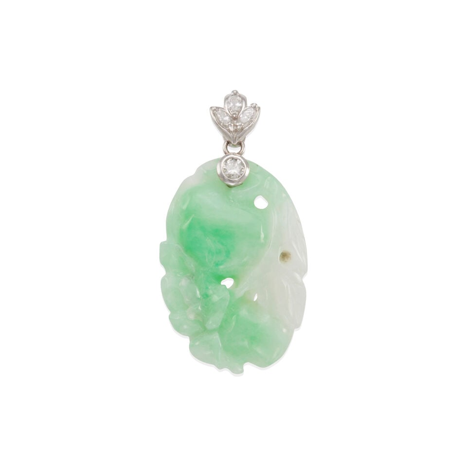PLATINUM, DIAMOND AND JADE PENDANT: PLATINUM, DIAMOND AND JADE PENDANT • Platinum • 1 round and 3 marquise diamonds weighing approximately 0.25 - 0.35 carat total • 1 carved jade measuring approximately 33.20 x 22.50