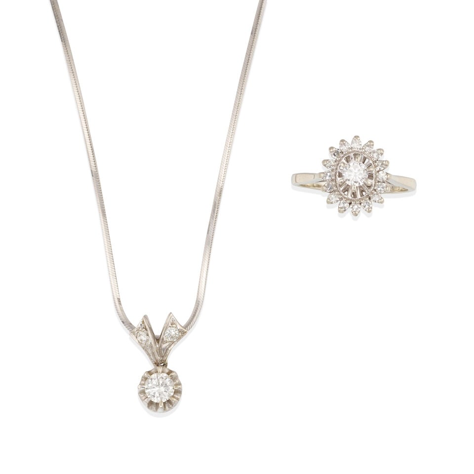 14K WHITE GOLD AND DIAMOND PENDANT NECKLACE AND RING: 14K WHITE GOLD AND DIAMOND PENDANT NECKLACE AND RING • 14k white gold pendant necklace with 3 round diamonds weighing from 0.03 - 0.39 carats, approximately 0.40 - 0.50 carats total, length;