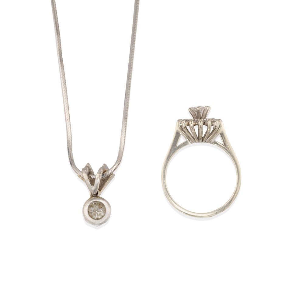 14K WHITE GOLD AND DIAMOND PENDANT NECKLACE AND RING - 2