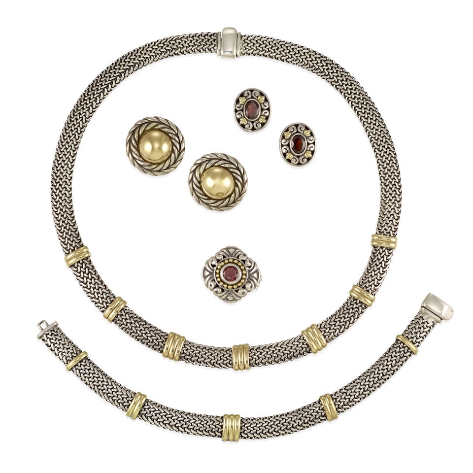 GROUP OF STERLING SILVER, GOLD, GARNET, AND RUBY JEWELRY: GROUP OF STERLING SILVER, GOLD, GARNET, AND RUBY JEWELRY • Sterling silver and 14k yellow gold flexible necklace with fold-over clasp, length: 16 ½ in • Sterling silver and 14k