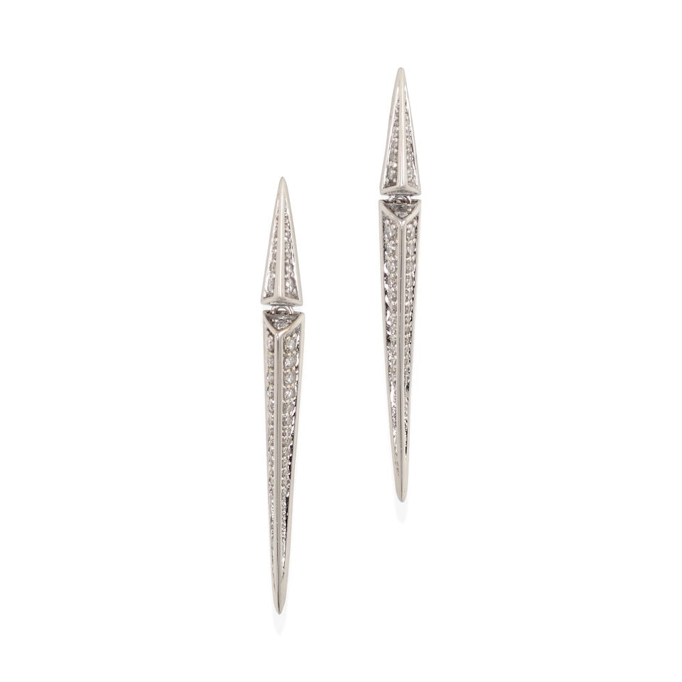 PAIR OF 18K GOLD AND DIAMOND EARRINGS: PAIR OF 18K GOLD AND DIAMOND EARRINGS • 18k white gold • 76 round diamonds stated to weigh 0.42 carat total • Measures 1 5/8 x 3/16 in. • Estimated gross weight: 4.4