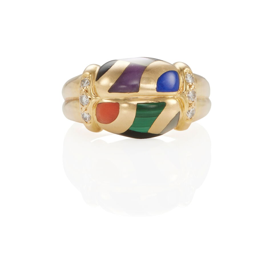 ASCH & GROSSBARDT: 14K GOLD, DIAMOND, AND MULTI-GEM INLAY RING: ASCH & GROSSBARDT: 14K GOLD, DIAMOND, AND MULTI-GEM INLAY RING • 14k yellow gold • 2 cushion shape mosaic inlay stones consisting of mother of pearl, onyx, chalcedony, lapis lazuli, malach
