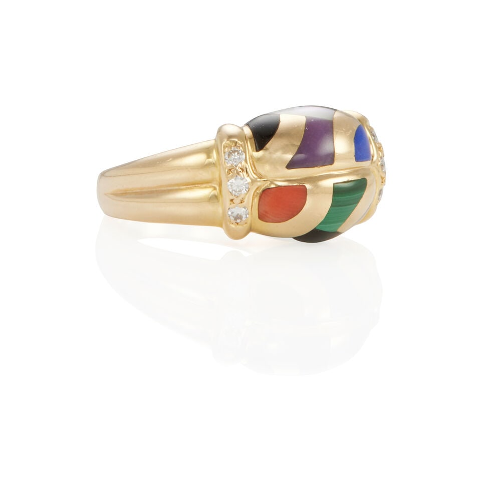 ASCH & GROSSBARDT: 14K GOLD, DIAMOND, AND MULTI-GEM INLAY RING - 2