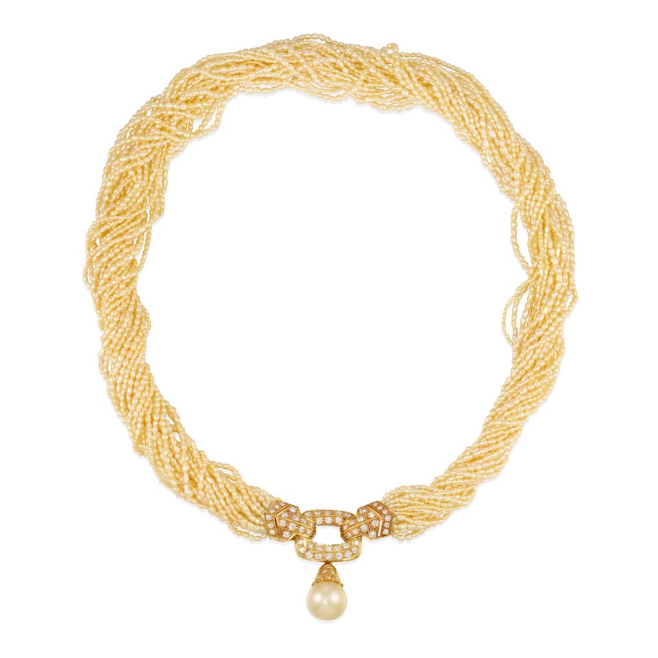18K GOLD, CULTURED PEARL AND DIAMOND TORSADE NECKLACE: 18K GOLD, CULTURED PEARL AND DIAMOND TORSADE NECKLACE • 18k yellow gold • Numerous round diamonds weighing approximately 1.85 - 2.15 carat total • Numerous baroque and 1 round