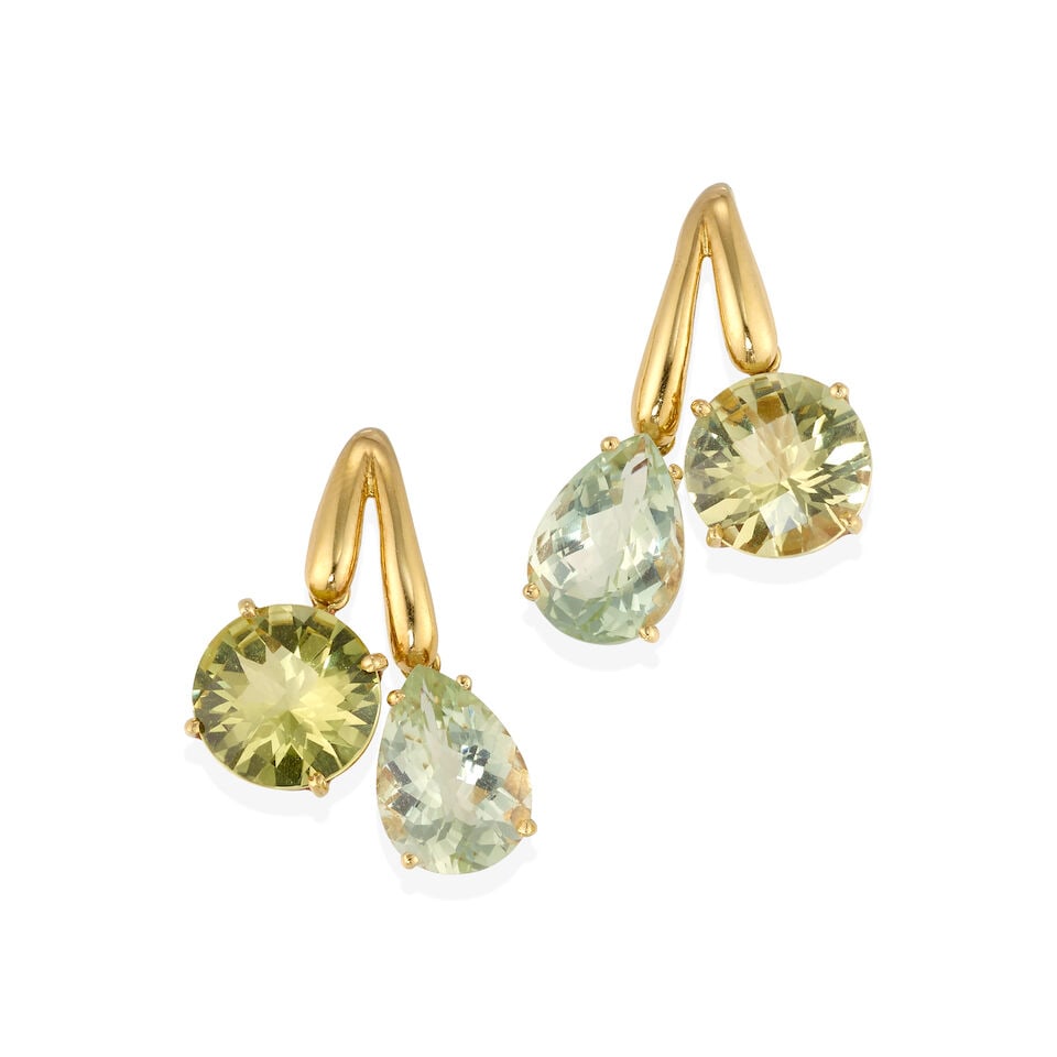 ROBERTO COIN: 18K GOLD, CITRINE, PRASE, AND SYNTHETIC RUBY EARRINGS: ROBERTO COIN: 18K GOLD, CITRINE, PRASE, AND SYNTHETIC RUBY EARRINGS • 18k yellow gold • 2 round checkerboard citrines weighing approximately 10.75 - 10.80 carats total • 2 pear