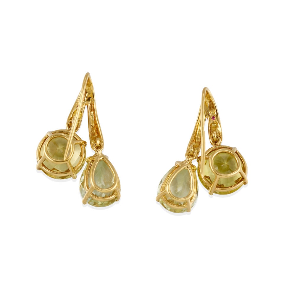 ROBERTO COIN: 18K GOLD, CITRINE, PRASE, AND SYNTHETIC RUBY EARRINGS - 2