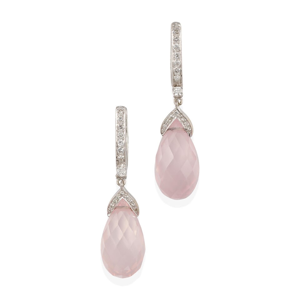 EMSARU: PAIR OF 18K WHITE GOLD, ROSE QUARTZ, AND DIAMOND EAR PENDANTS (1 of 2)