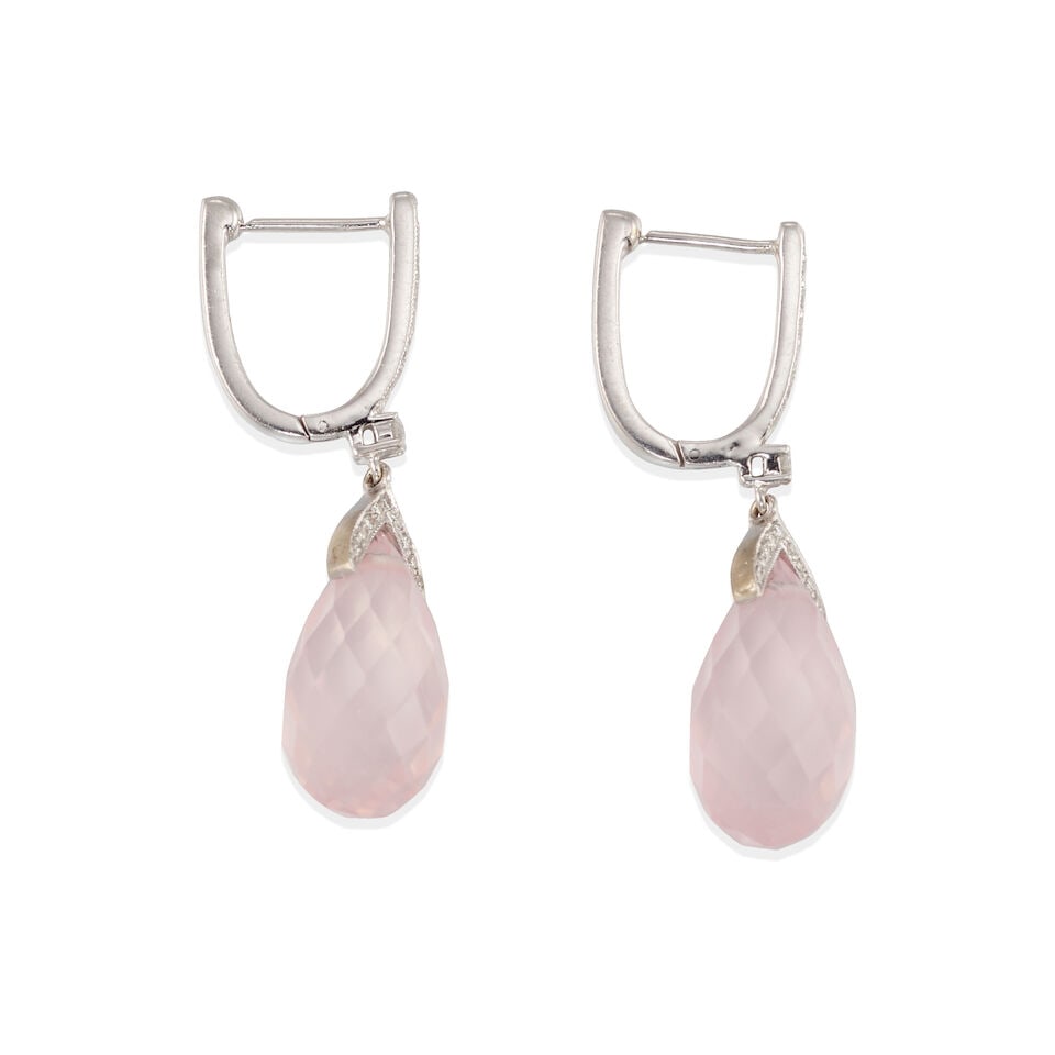 EMSARU: PAIR OF 18K WHITE GOLD, ROSE QUARTZ, AND DIAMOND EAR PENDANTS - 2