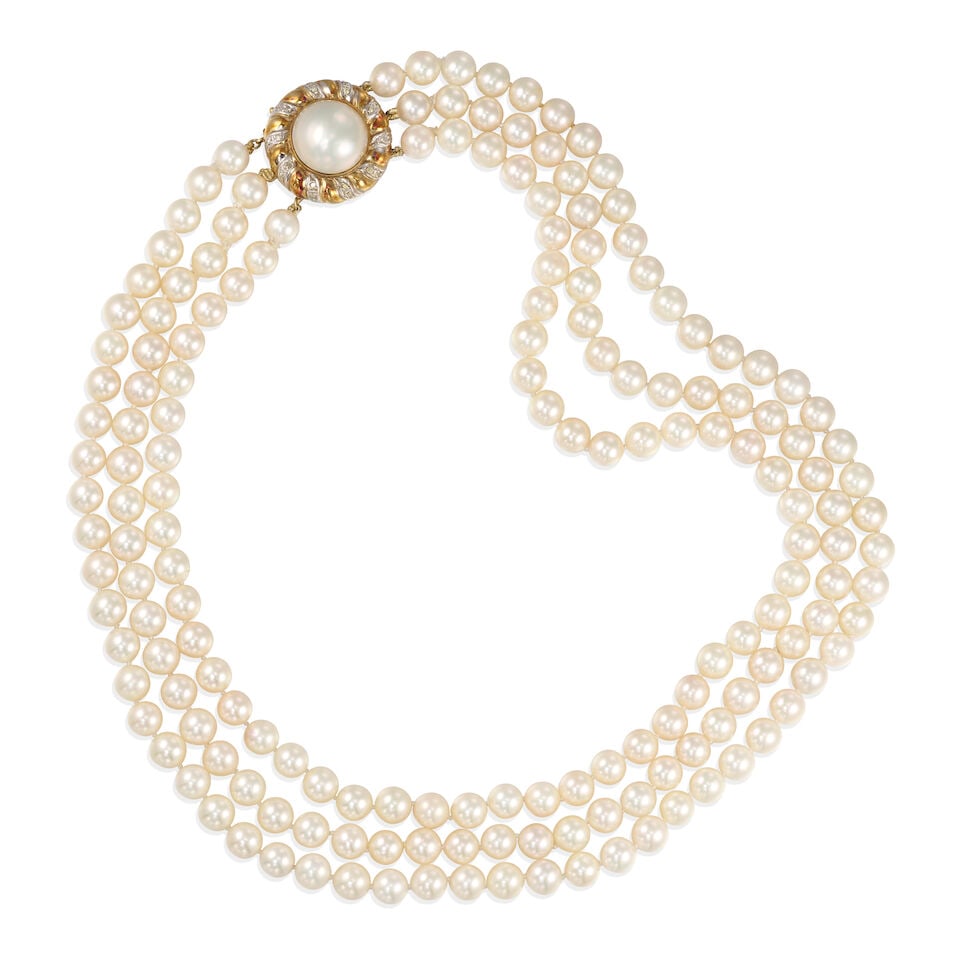 14K BICOLOR GOLD, CULTURED PEARL, AND DIAMOND THREE-STRAND NECKLACE (1 of 2)