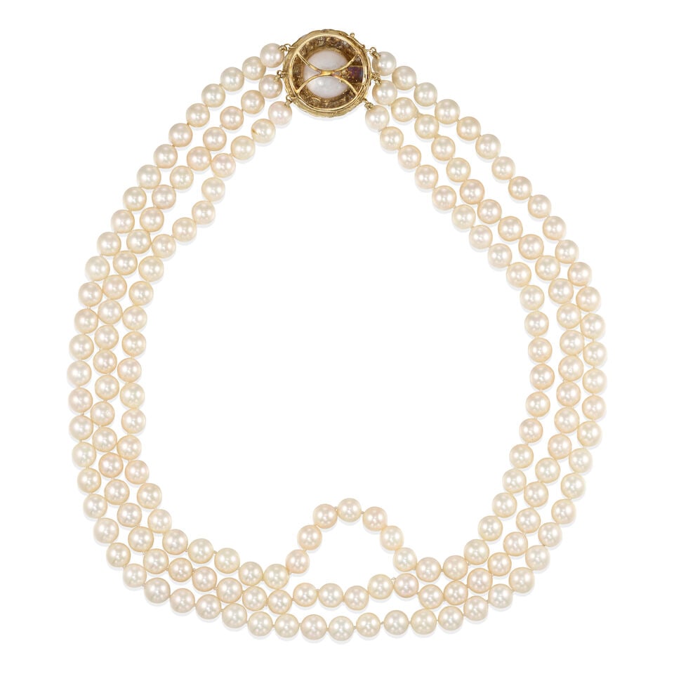 14K BICOLOR GOLD, CULTURED PEARL, AND DIAMOND THREE-STRAND NECKLACE - 2