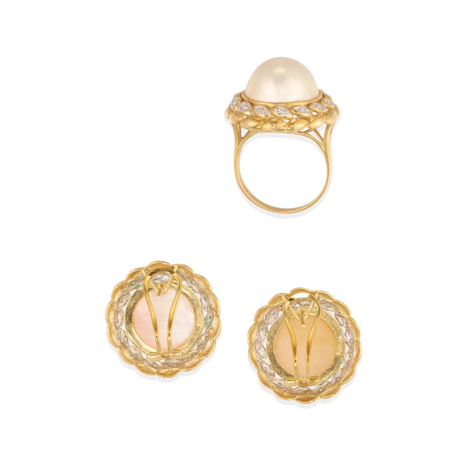 14K BICOLOR GOLD, MABE' CULTURED PEARL, AND DIAMOND RING AND EAR CLIPS - 2