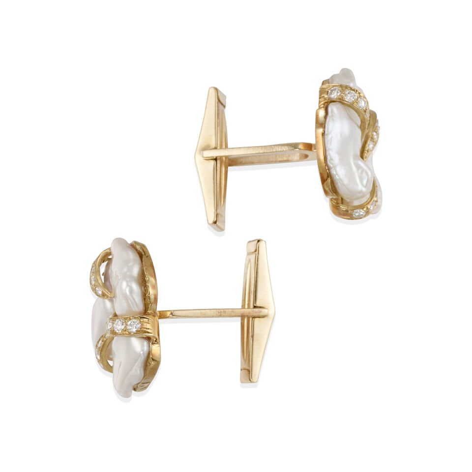 14K GOLD, DIAMOND, AND CULTURED PEARL CUFFLINKS - 2
