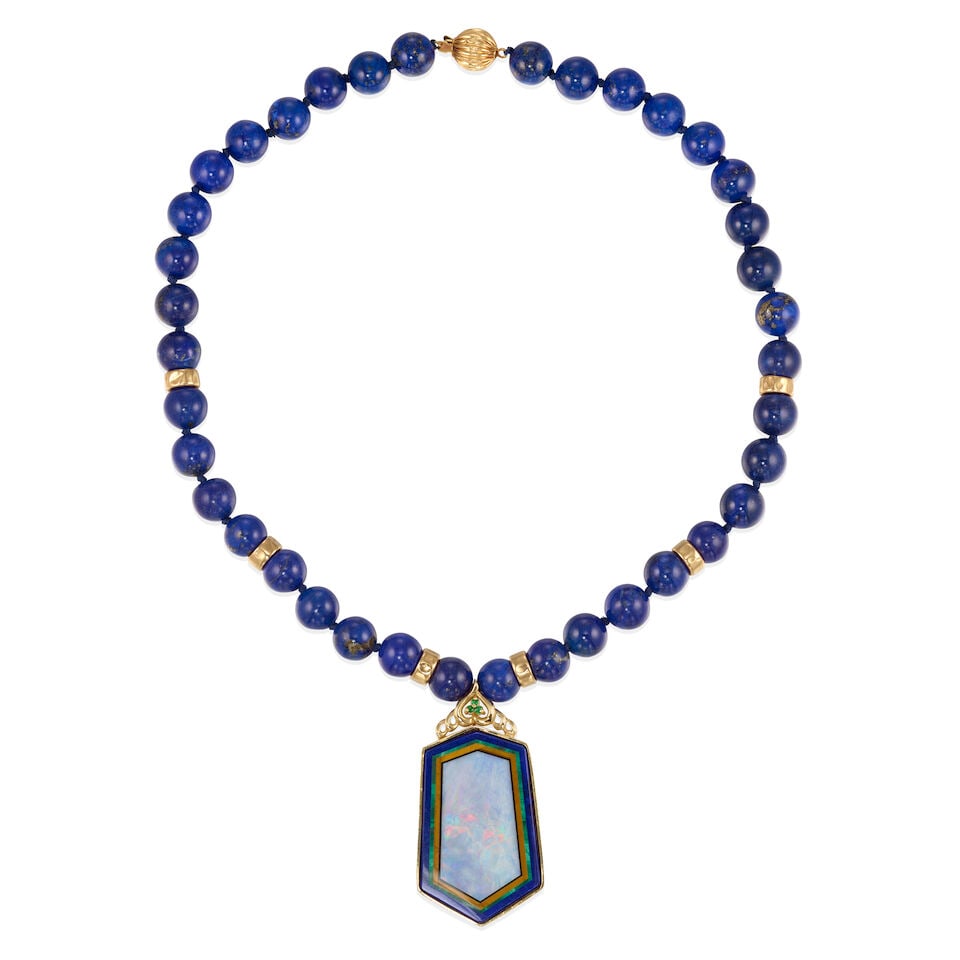 14K GOLD, LAPIS LAZULI BEAD, AND MULTI-GEM INLAY PENDANT NECKLACE (1 of 2)