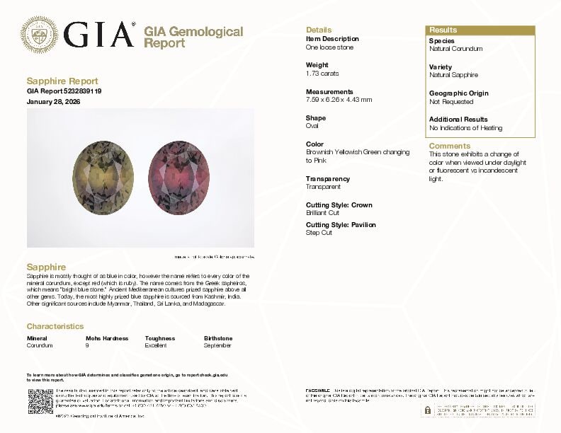 LOOSE COLOR CHANGE SAPPHIRE WITH GIA REPORT - 2