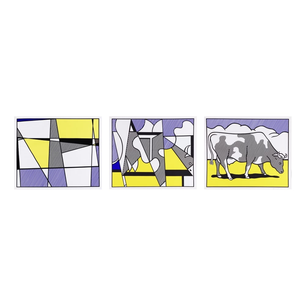 ROY LICHTENSTEIN (1923-1997) Cow Triptych (Cow Going Abstract), 1982 (Corlett, App.9)Sérigr...: ROY LICHTENSTEIN (1923-1997) Cow Triptych (Cow Going Abstract), 1982 (Corlett, App.9) Sérigraphie en sept couleurs, en trois panneaux, sur papier vélin blanc lisse, Une planche signée,