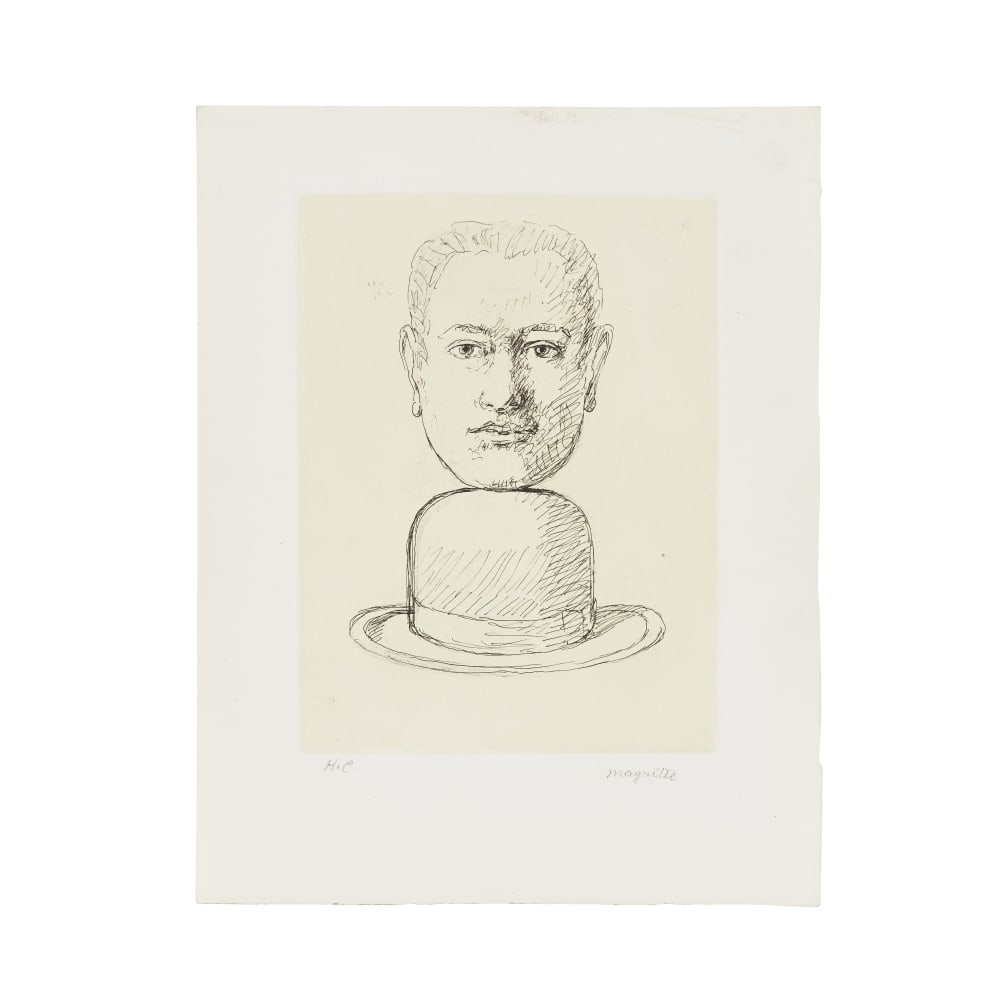 RENÉ MAGRITTE (1898-1967) Untitled, 1968 (Kaplan & Baum, 19)Eau-forte en noir et blanc sur ...: RENÉ MAGRITTE (1898-1967) Untitled, 1968 (Kaplan & Baum, 19) Eau-forte en noir et blanc sur fond ocre pâle Planche quatre illustrant le volume Le Lien de Paille de Louis Scutenaire Porte le