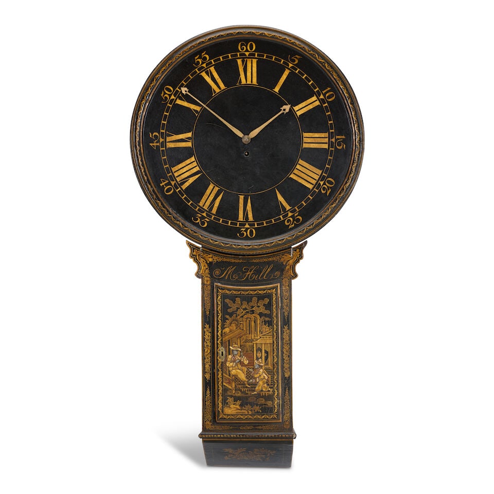 A George III black Japanned eight day tavern clock M Hill, late 18th century (1 of 2)