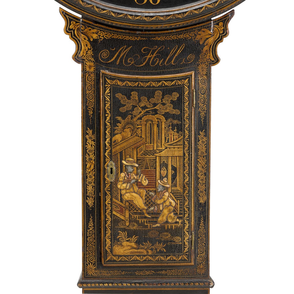 A George III black Japanned eight day tavern clock M Hill, late 18th century - 2