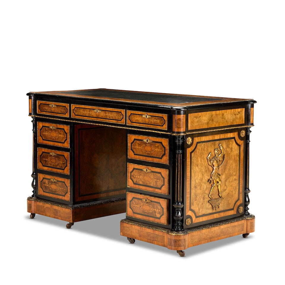 A Victorian walnut, tulipwood, ebonised and gilt metal mounted pedestal deskThird quarter 19th c... - 3