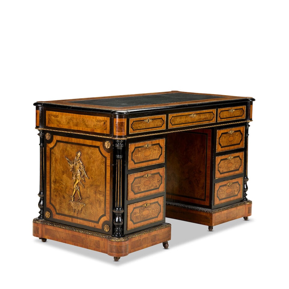 A Victorian walnut, tulipwood, ebonised and gilt metal mounted pedestal deskThird quarter 19th c... - 4