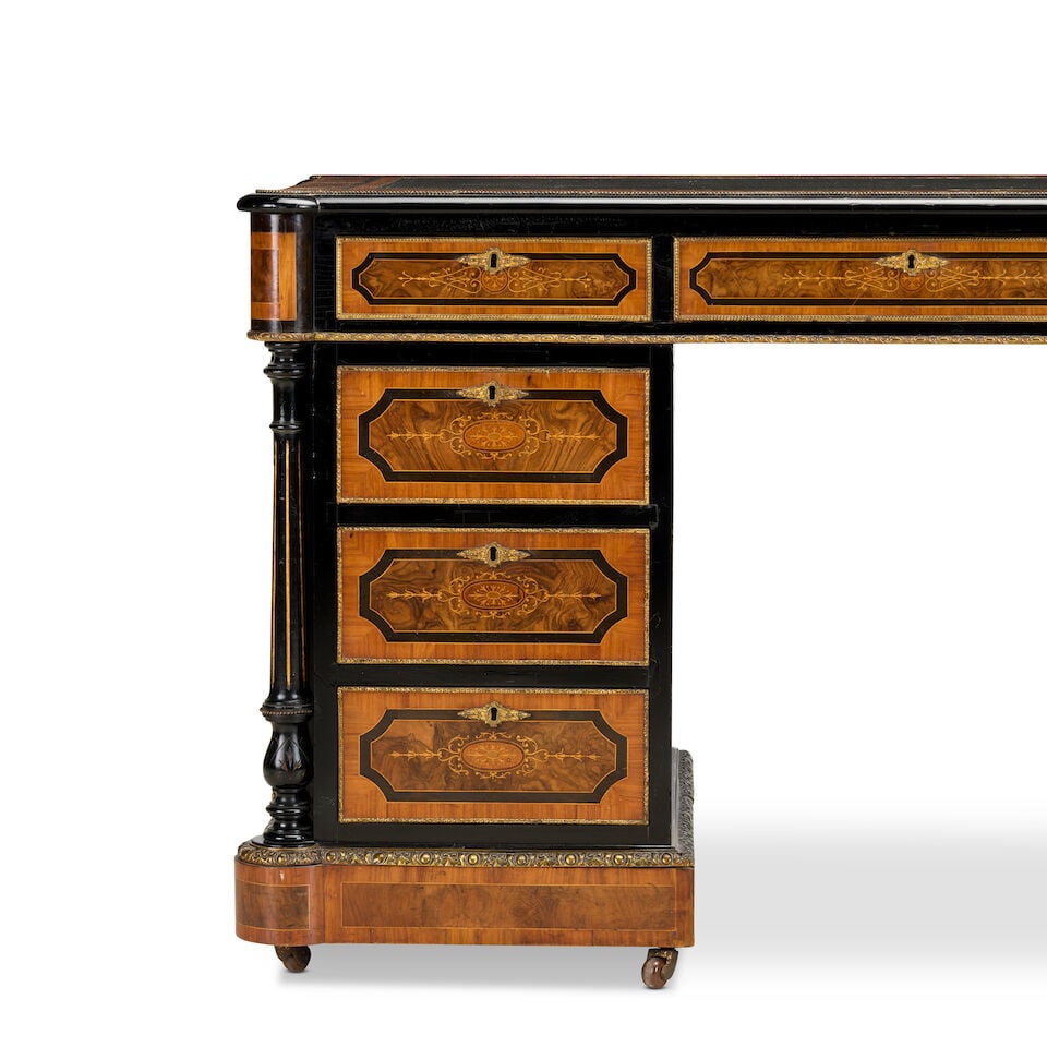 A Victorian walnut, tulipwood, ebonised and gilt metal mounted pedestal deskThird quarter 19th c... - 5