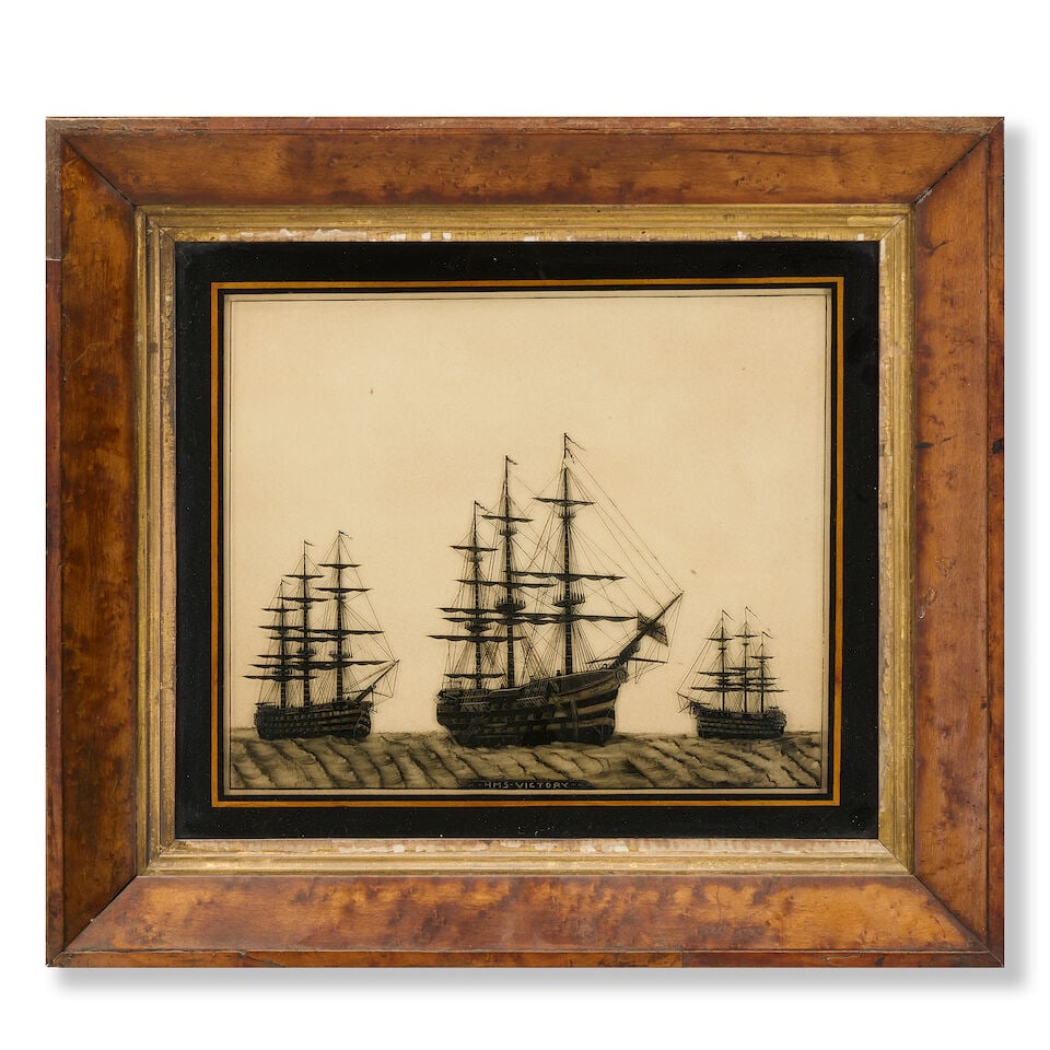 Three Victorian reverse-painted glass pictures of ship silhouettes Late 19th century (3) - 4