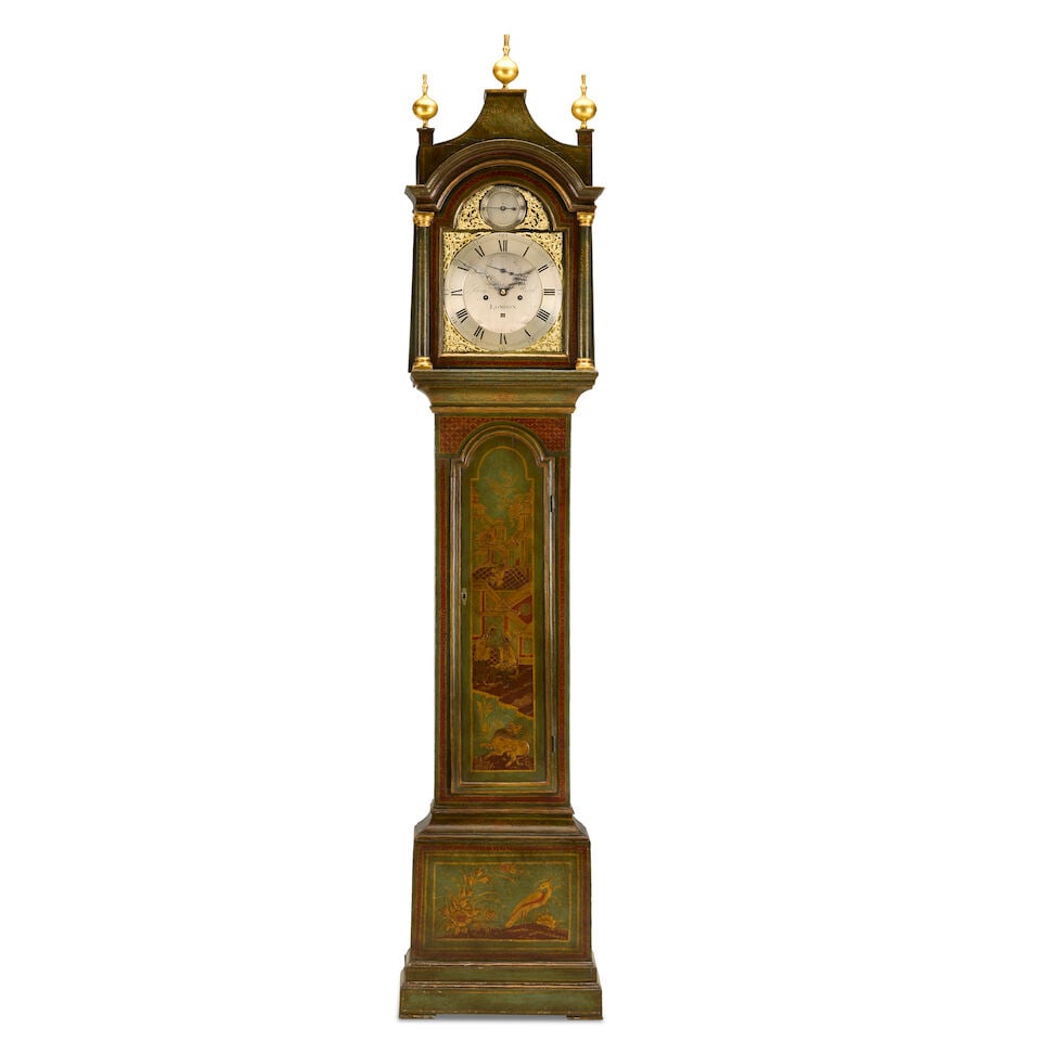 A mid-18th century green Japanned longcase clock Benjamin Ward, London: A mid-18th century green Japanned longcase clock Benjamin Ward, London The case surmounted by three ball finials over a pagoda top to a break arch moulded top supported by four Doric columns, the side