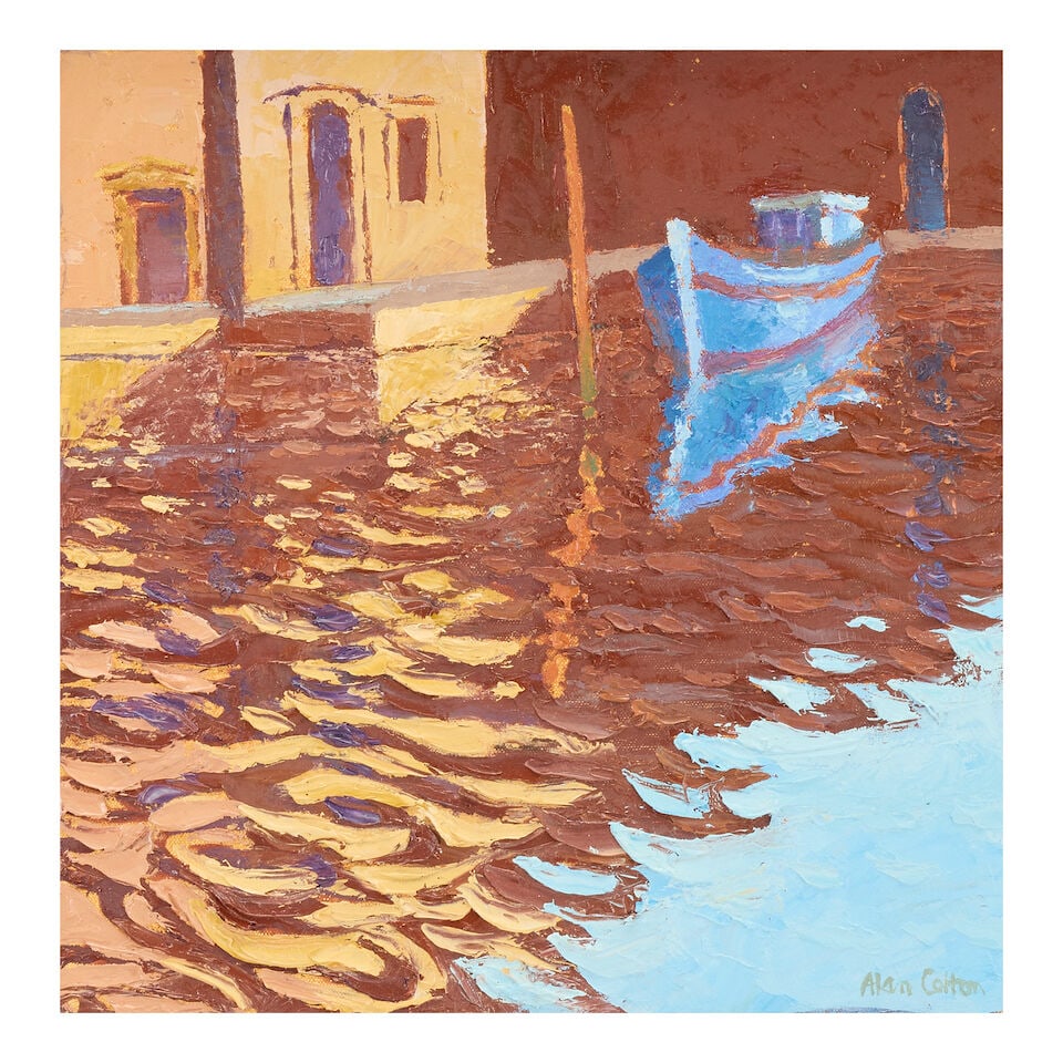 Alan Cotton (British, born 1936) Venice, The Blue Boat: Alan Cotton (British, born 1936) Venice, The Blue Boat signed 'Alan Cotton' (lower left) oil on canvas 36 x 35.5cm (14 3/16 x 14in). Footnotes: Provenance With David Messum Fine Art, London, September