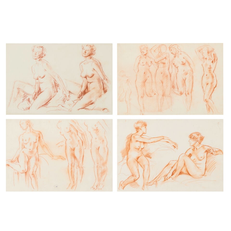 Wilfred Gabriel de Glehn, NEAC (British, 1870-1951) Seated Figure - Two Poses; Studies for Leda;...: Wilfred Gabriel de Glehn, NEAC (British, 1870-1951) Seated Figure - Two Poses; Studies for Leda; Three Studies of Female Nudes; Model Relaxing in a Chair - Arms Outstretched each red chalk on paper