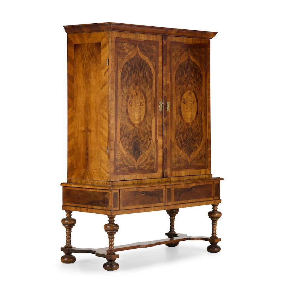 A large Dutch Colonial walnut, olivewood, satinwood, rosewood and marquetry cabinet on stand Ear... - 4