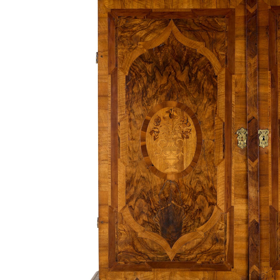 A large Dutch Colonial walnut, olivewood, satinwood, rosewood and marquetry cabinet on stand Ear... - 5