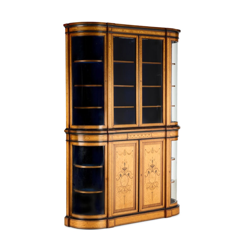 A late 19th century satinwood, purple wood, marquetry and ebonised and boxwood strung display ca... - 2