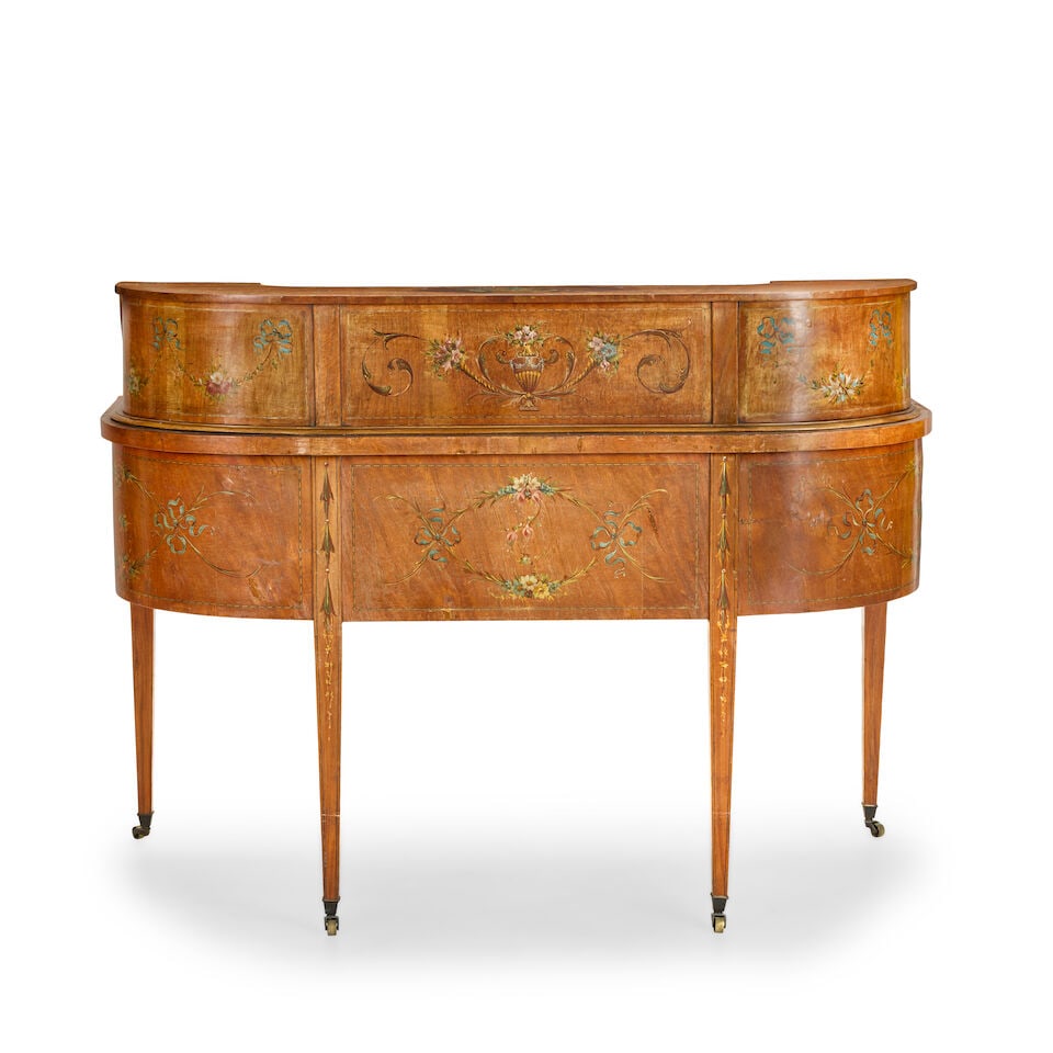 An Edwardian satinwood and polychrome decorated Carlton House deskEarly 20th century, in the Geo... - 3