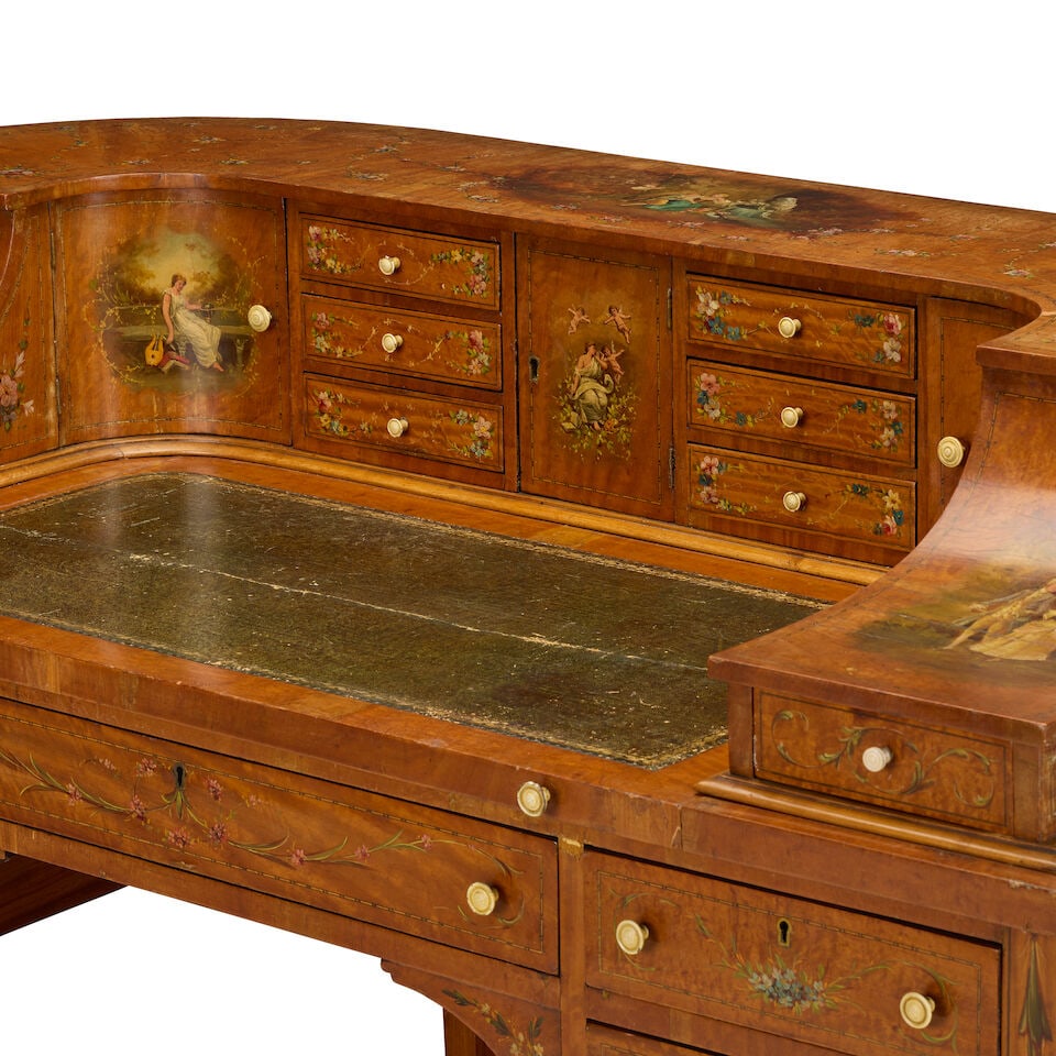 An Edwardian satinwood and polychrome decorated Carlton House deskEarly 20th century, in the Geo... - 4