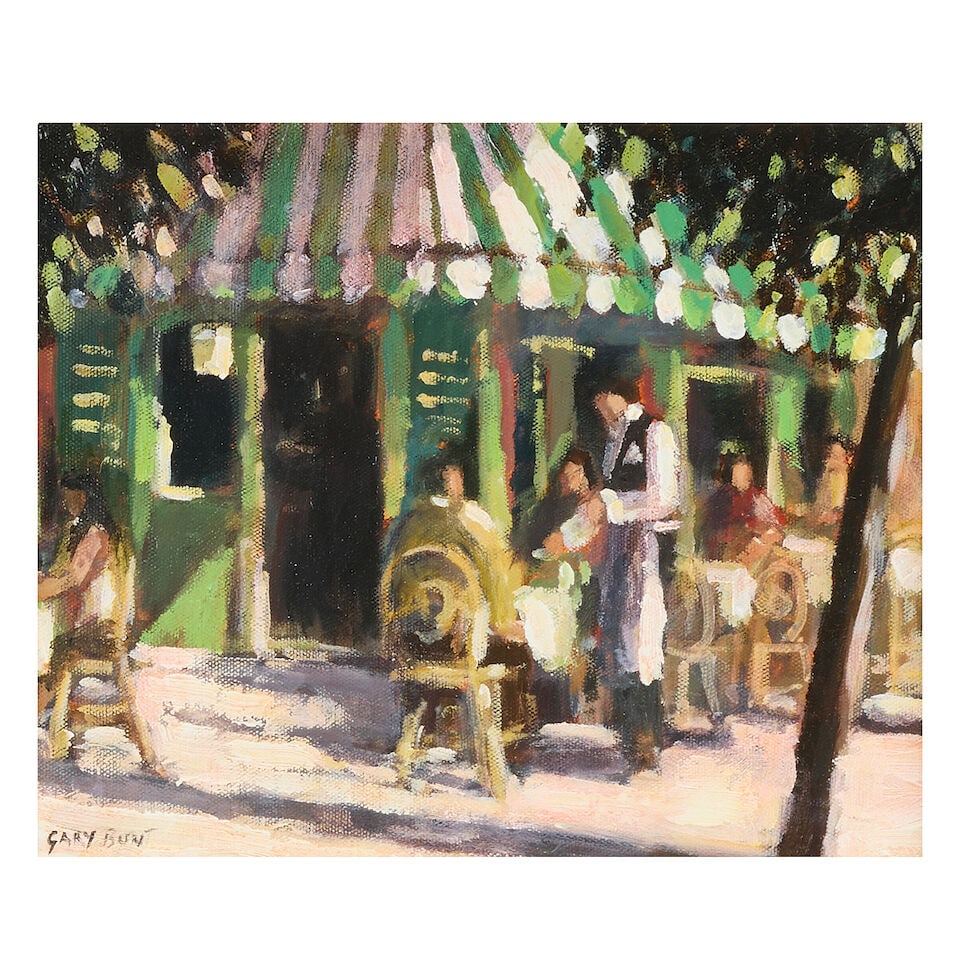 Gary Bunt (British, 1957-2025) Left Bank Cafe, Paris: Gary Bunt (British, 1957-2025) Left Bank Cafe, Paris signed 'GARY BUNT' (lower left); further signed, titled and dated 'LEFT BANK/CAFÈ/PARIS GARY/2004 BUNT.' (on canvas verso) oil on canvas 25.5