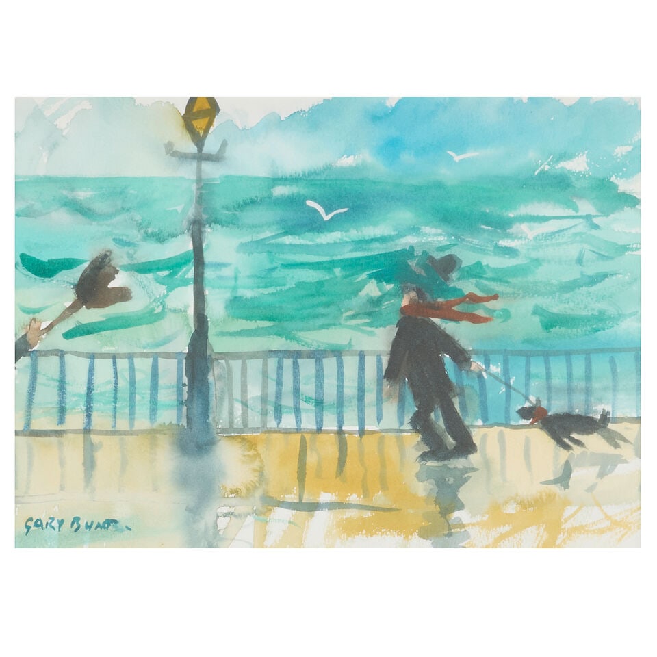 Gary Bunt (British, 1957-2025) Windy Seaside Promenade: Gary Bunt (British, 1957-2025) Windy Seaside Promenade signed 'GARY BUNT.' (lower left) watercolour on paper 20.5 x 29cm (8 1/16 x 11 7/16in). This lot is subject to the following lot symbols: AR AR G