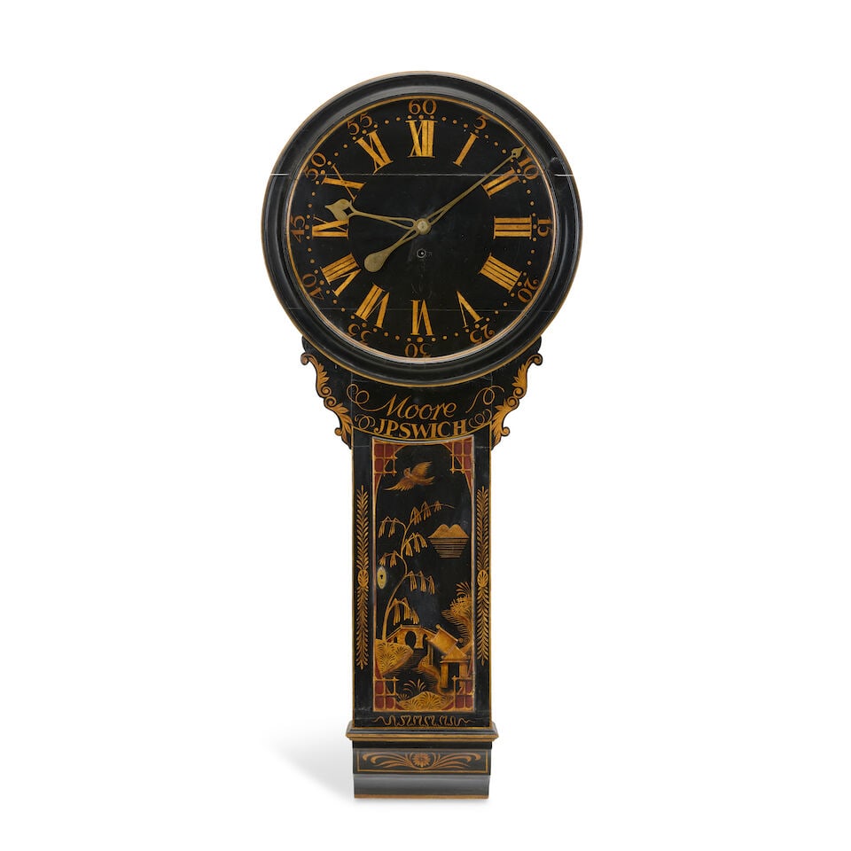 A late 18th century George III black Japanned eight day tavern clock Moore, Ipswich: A late 18th century George III black Japanned eight day tavern clock Moore, Ipswich The case redecorated and signed Moore/IPSWICH, the 21 inch dial with turned surround and gilt-painted numerals, cut