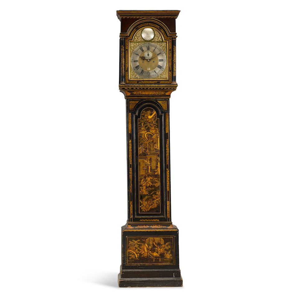 A 18th century and later black japanned longcase clock John Swinburn, Sunderland: A 18th century and later black japanned longcase clock John Swinburn, Sunderland The case with a flat top over a break arch section supported by four turned columns with a decorated front and glazed s