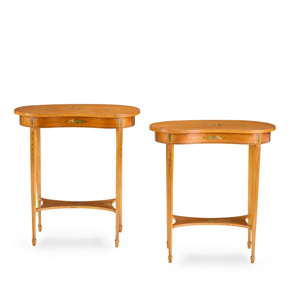 A pair of Edwardian satinwood, tulipwood crossbanded and polychrome decorated side tables Early... - 4