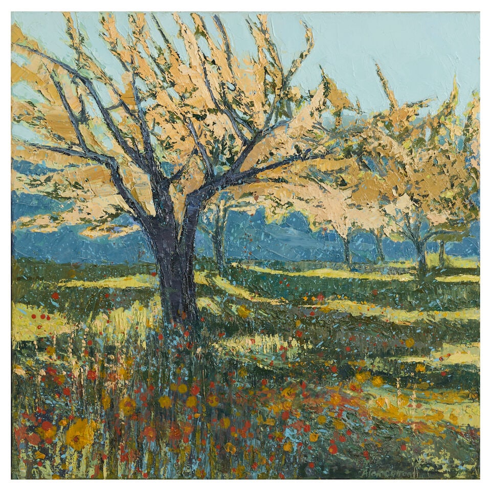 Alan Cotton (British, born 1936) Provence, Spring Cherry Orchard: Alan Cotton (British, born 1936) Provence, Spring Cherry Orchard signed 'Alan Cotton' (lower right) oil on canvas 61 x 61cm (24 x 24in). This lot is subject to the following lot symbols: AR AR Goods s