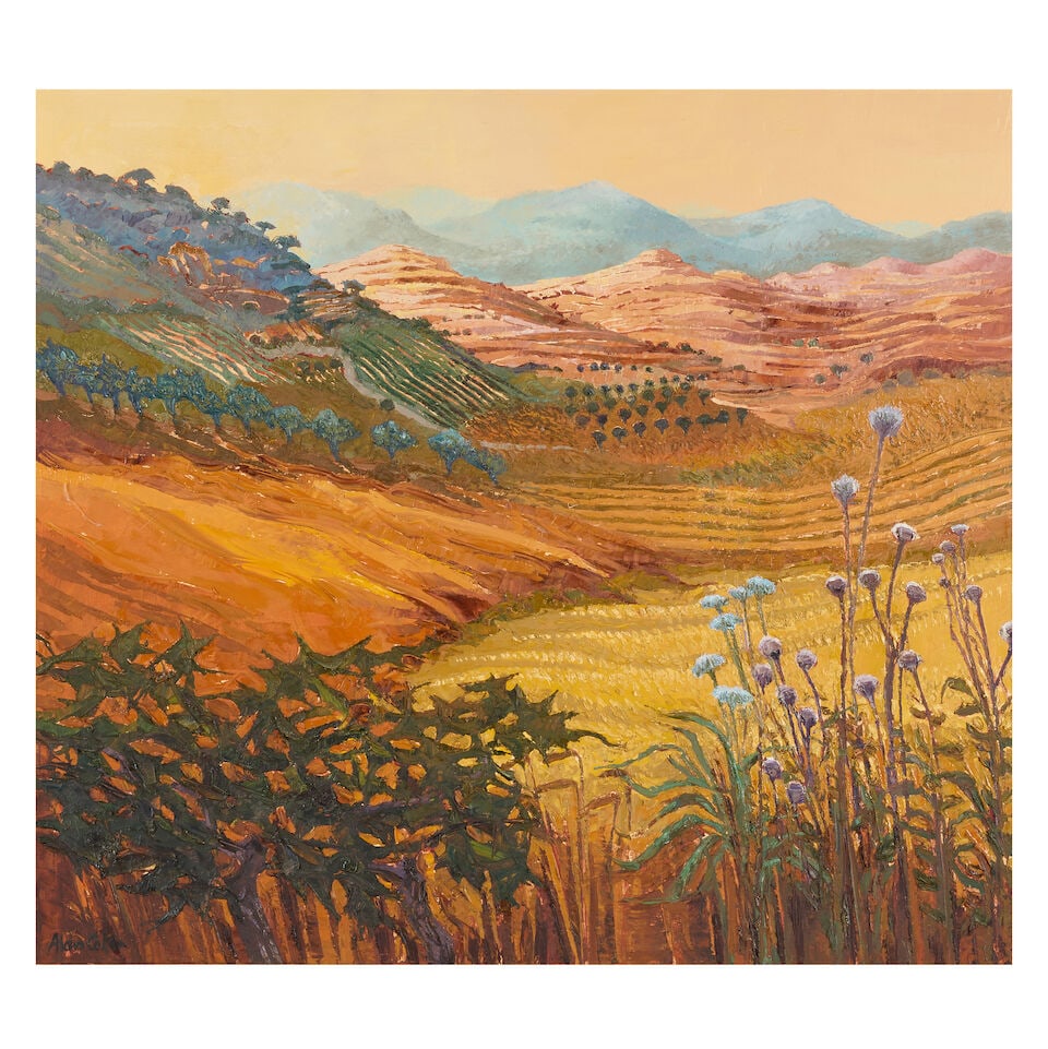 Alan Cotton (British, born 1936) Cyprus, Golden Summer Landscape: Alan Cotton (British, born 1936) Cyprus, Golden Summer Landscape signed 'Alan Cotton' (lower left) oil on canvas 91 x 101cm (35 13/16 x 39 3/4in). Footnotes: Provenance With David Messum Fine Art, Lon