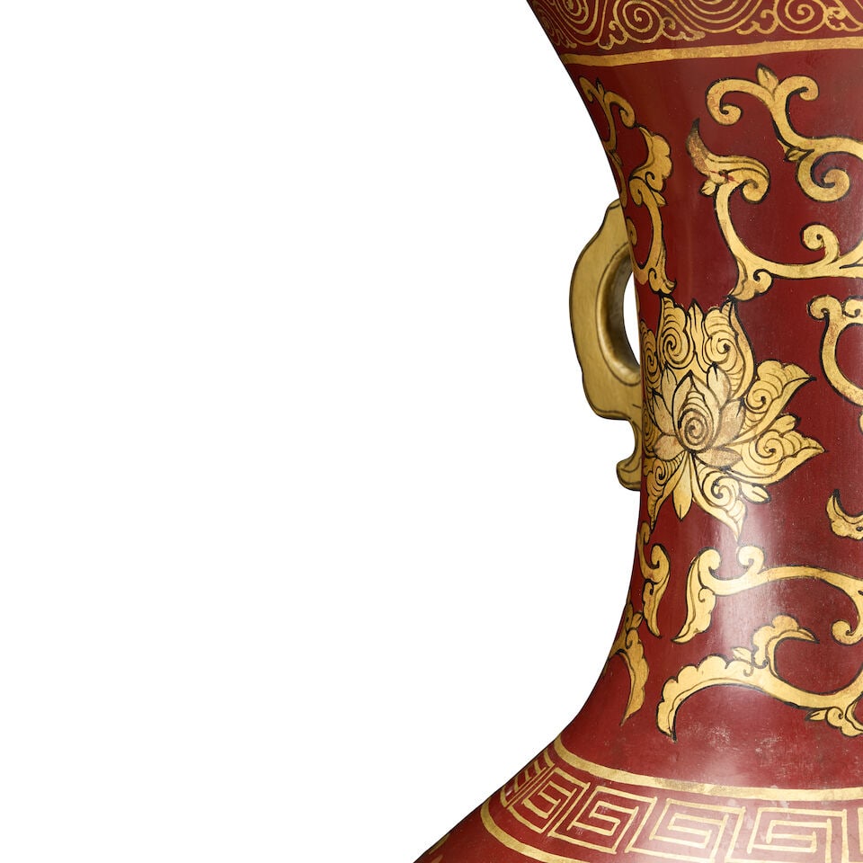 A large pair of red and gilt papier-mâché baluster vases adapted to lamp bases 20th ce... - 2