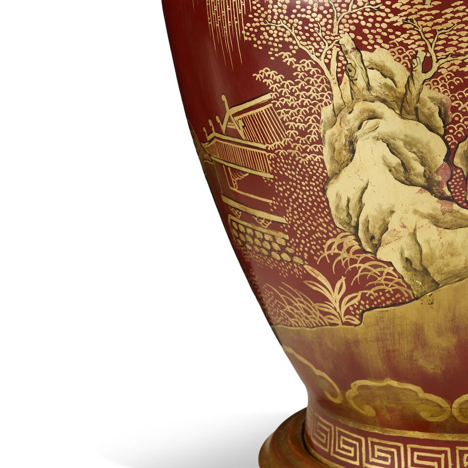 A large pair of red and gilt papier-mâché baluster vases adapted to lamp bases 20th ce... - 3